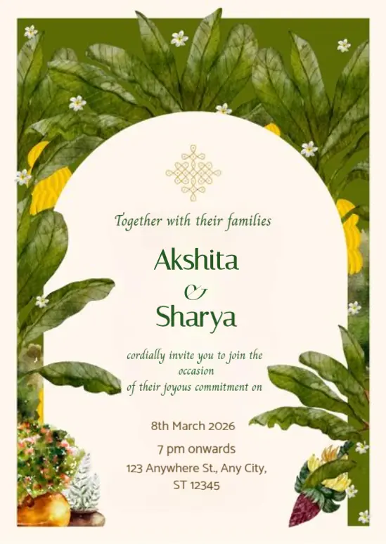 South Indian Wedding Invitation with Banana Leaves